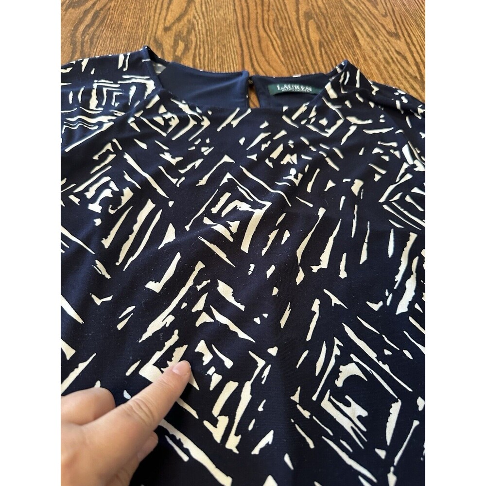 LAUREN RALPH LAUREN Navy Blue White Geometric Size 12 Long Sleeved‎ Lined Dress - Picture 8 of 9